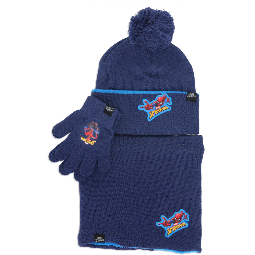 Spiderman 3er Set, Mütze, Handschuhe und Schal mit Bommel - babymall24 
